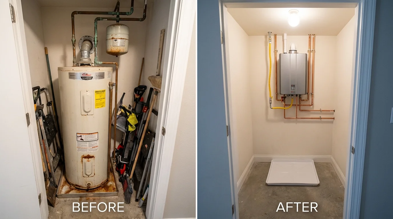 Tank water heater versus wall-mounted tankless unit comparison for Augusta, KS homeowners
